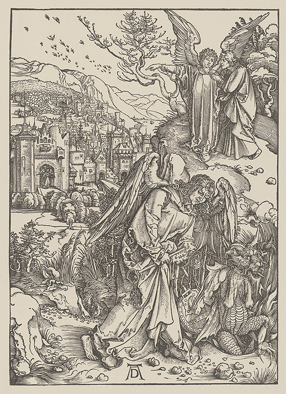 Dürer, Albrecht | Výjav z Apokalypsy | Displayed motifs: Angel, Person, Clothing, Human face, 