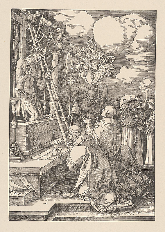 Dürer, Albrecht | Omša sv. Gregora | Displayed motifs: Angel, Miter, Thorn crown, Clothing, Person, Latin cross, Footwear, 