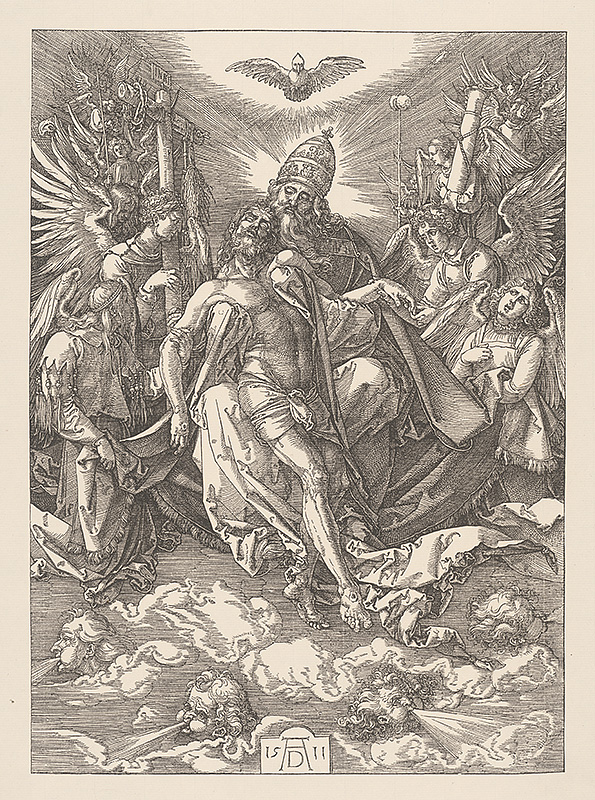 Dürer, Albrecht | Svätá trojica | Displayed motifs: Halo, White dove, Angel, Wound, Clothing, Butterfly, Man, 