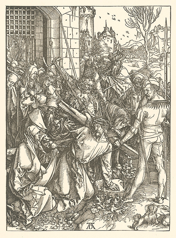 Dürer, Albrecht | Nesenie kríža (5) | Displayed motifs: Thorn crown, Man, Veil, Person, Tree, Clothing, Latin cross, 