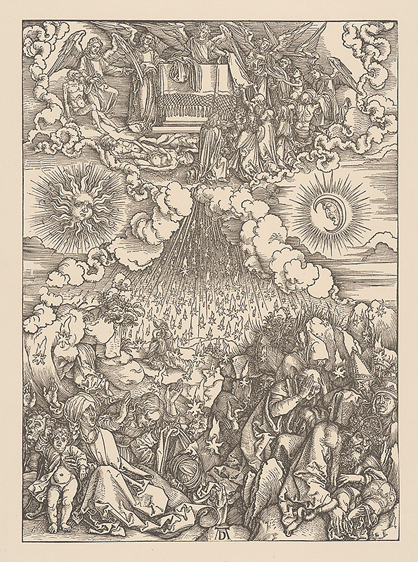 Dürer, Albrecht | Výjav z Apokalypsy | Displayed motifs: Angel, Flower, Person, Clothing, Human face, Putto, 