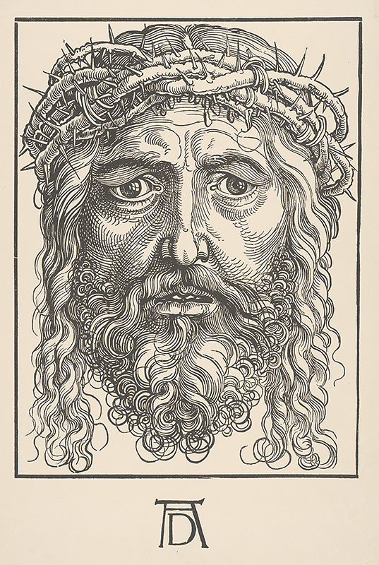 Dürer, Albrecht | Kristova hlava | Displayed motifs: Human face, Thorn crown, Furniture, Man, Human nose, Coat of arms, Person, 