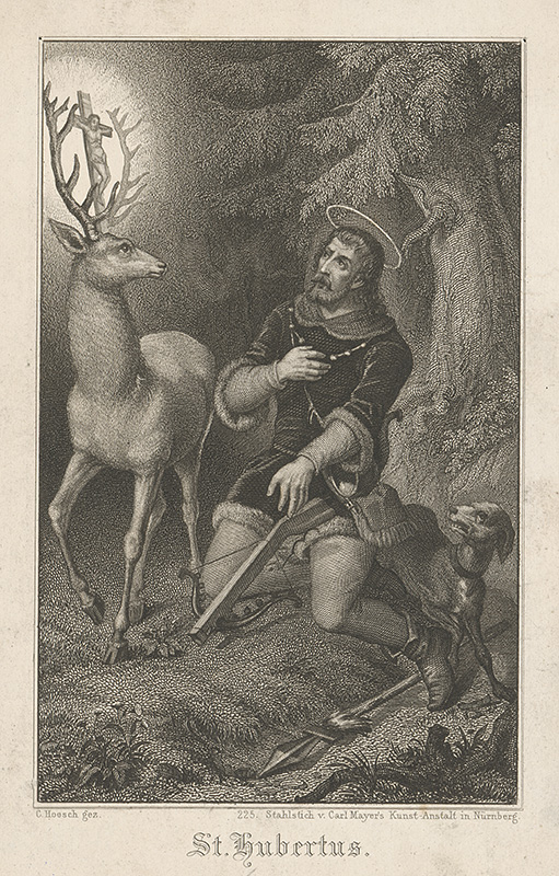 Mayer, Carl, Hosch, Friedrich Karl | Svätý Hubert | Displayed motifs: Halo, Deer, Man, Latin cross, Clothing, Human face, Antelope, 