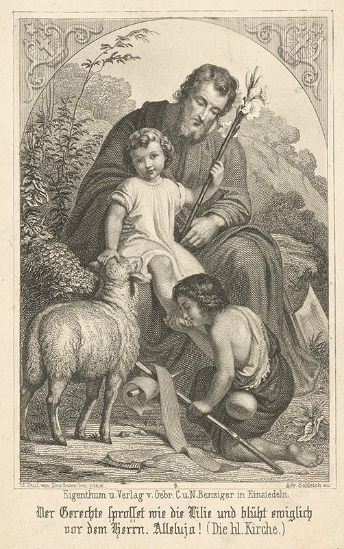 Schleich, Adrian, Deschwanden, Melchior Paul von | Svätý Jozef s Ježišom a Jánom Krstiteľom  | Displayed motifs: Sheep, Man, Human face, Putto, Clothing, Boy, Latin cross, 