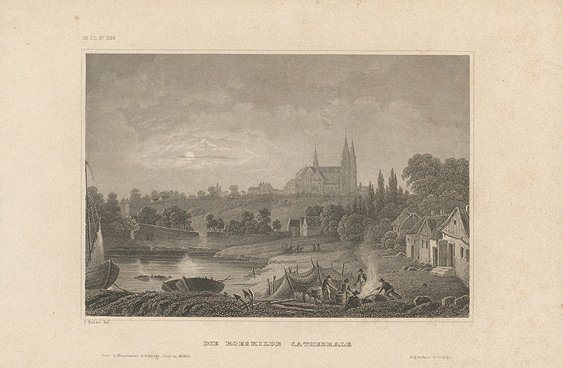 Stredoeurópsky grafik z 19. storočia | Katedrála v Roeskilde | Displayed motifs: House, Boat, Tower, Building, Tree, 