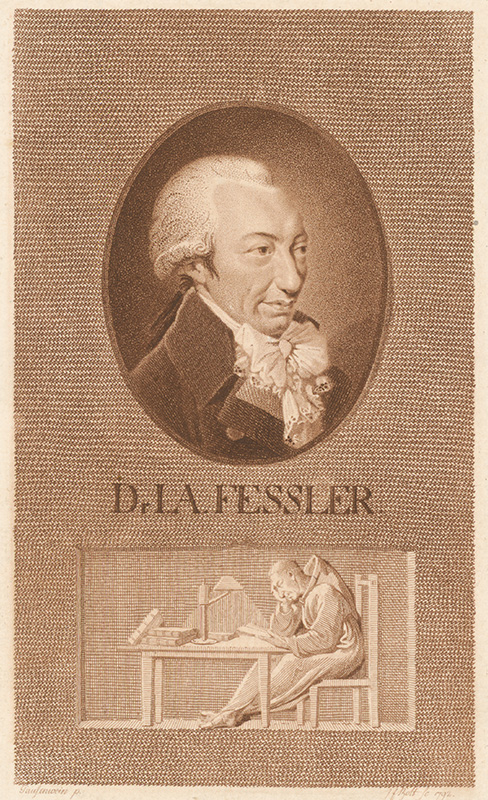 Bolt, Johann Friedrich, Pausenwein | Portrét Dr. I. A. Fesslera | Displayed motifs: Human face, Halo, Person, Man, Clothing, Angel, Miter, 