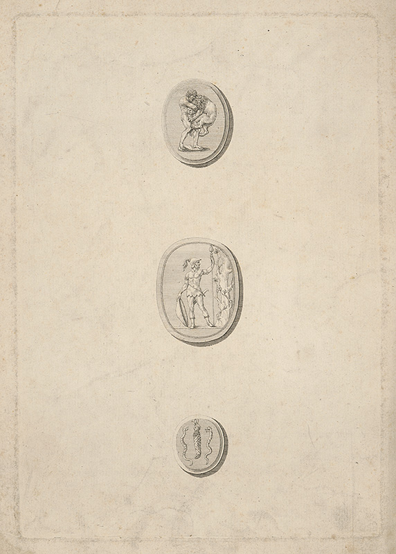 Stredoeurópsky grafik z 19. storočia | Tri návrhy na gemmy | Displayed motifs: Coin, Coat of arms, Animal, Mammal, 