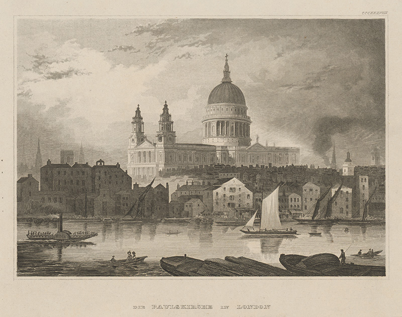 Stredoeurópsky grafik z 19. storočia | Kostol sv.Pavla v Londýne | Displayed motifs: Boat, Building, Tower, 