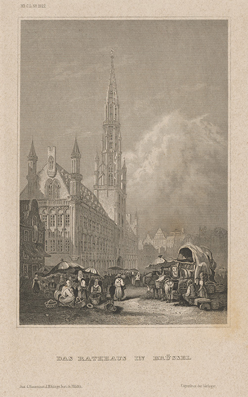 Stredoeurópsky grafik z 19. storočia | Radnica v Bruseli | Displayed motifs: Tower, Building, Person, 