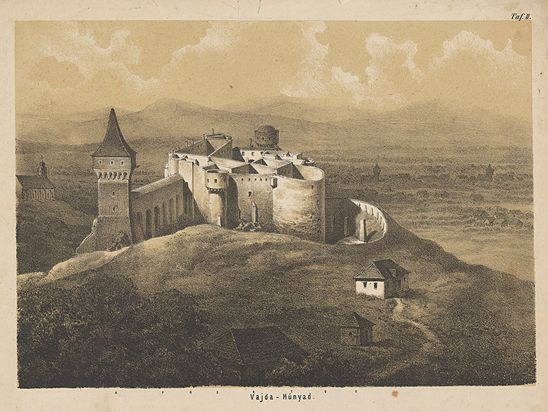 Stredoeurópsky grafik z 19. storočia | Hrad Vajda - Hunyad II. | Displayed motifs: Castle, House, 