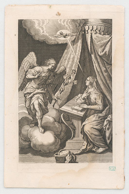 Viedenský medirytec | Zvestovanie | Displayed motifs: Angel, White dove, Person, Mushroom, Human face, Man, Clothing, 