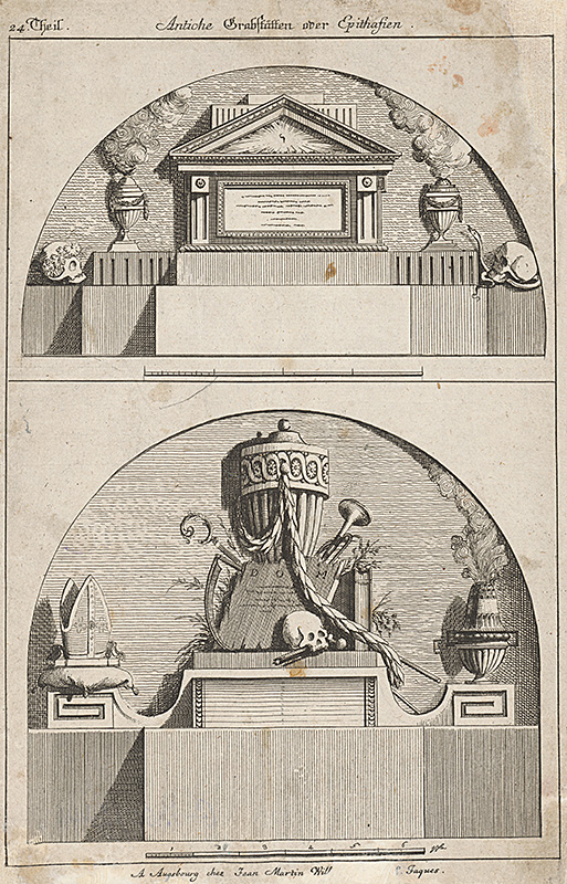 Will, Johann Martin, Jaques, Francois S. | Návrh na antický epitaf a klasicistický náhrobok | Displayed motifs: Miter, Skull, Person, Clothing, 