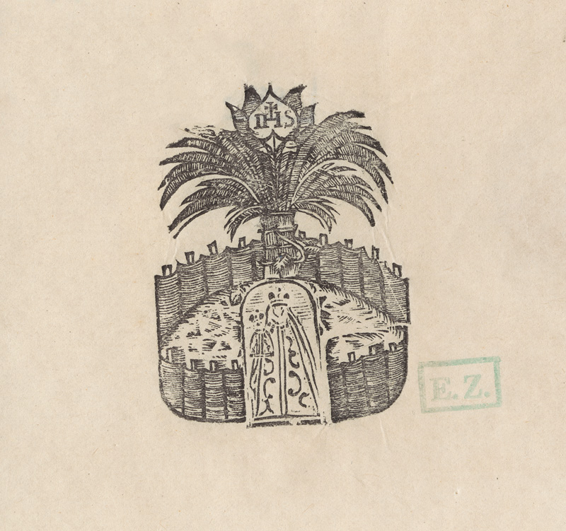 Provinčný grafik | Jezuitský monogram s uzatvorenou záhradou | Displayed motifs: Coat of arms, Palm tree, Tree, 