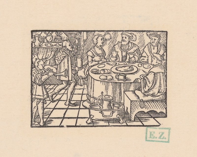 Kopisti, Brosamer, Hans | Hostina s trubačmi | Displayed motifs: Table, Clothing, Human face, Man, Person, 