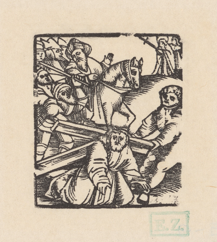 Kopista, Dürer, Albrecht | Nesenie kríža | Displayed motifs: Thorn crown, Latin cross, Halo, Person, Clothing, Human face, 