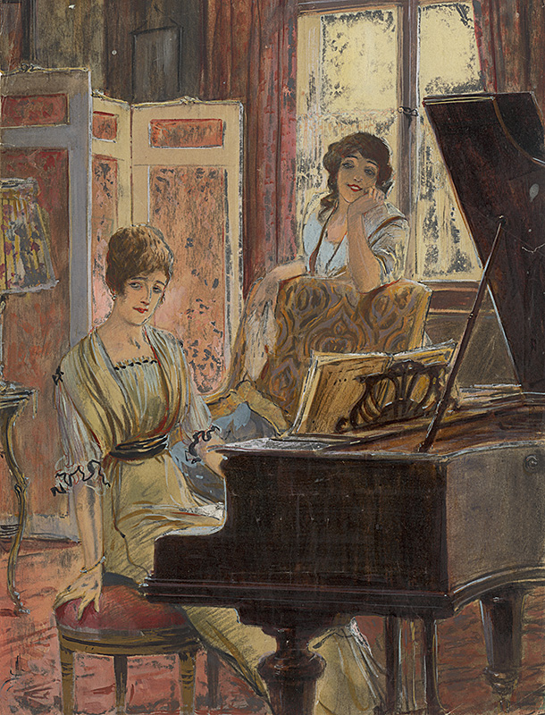 Rakúsky maliar z 2. polovice 19. storočia | Dve slečny pri klavíri | Displayed motifs: Madonna, Woman, Wound, Furniture, Clothing, Piano, Human face, 