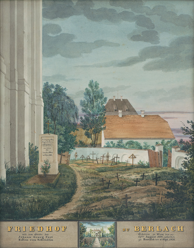 Scheidlin, Johann | Cintorín | Displayed motifs: Latin cross, Tree, Building, Plant, House, 
