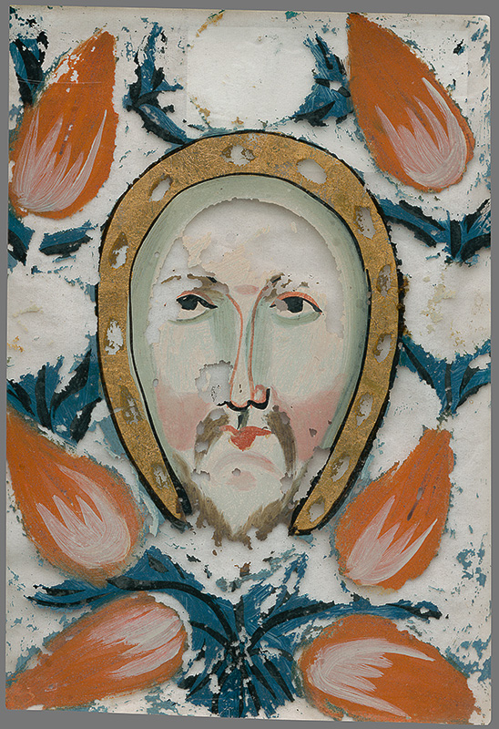 Slovenský ľudový autor | Hlava svätca | Displayed motifs: Human face, Coat of arms, Person, Fruit, Halo, Food, Vegetable, 