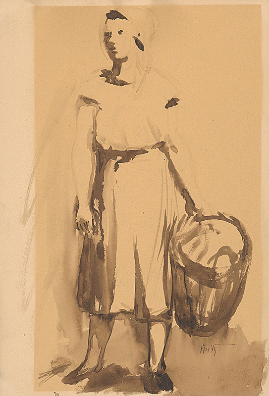 Špitz, Ernest | Žena s košom | Displayed motifs: Skull, Coat of arms, Human face, White dove, Person, Clothing, 