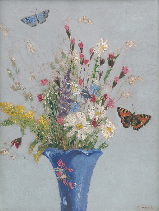 Galanda, Mikuláš | Poľná kytica | Displayed motifs: Butterfly, Coat of arms, Flower, Vase, Houseplant, Flowerpot, Lavender, 