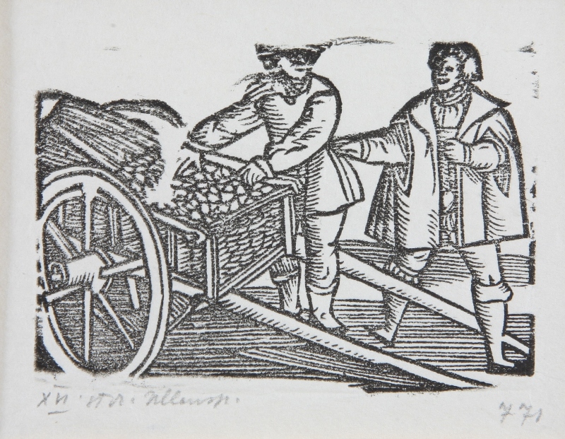 Neznámy autor | Historie LXXXVII - Ilustrácia k príhodám Tilla Eulenspiegla | Displayed motifs: Coat of arms, Wheel, Cart, Clothing, Man, Person, Human face, 