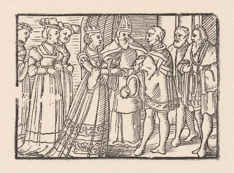 Nemecký grafik z 2. polovice 16. storočia | Svadba kniežaťa Valtera s Grizeldou | Displayed motifs: Miter, Dress, Man, Clothing, Human face, Woman, Person, 
