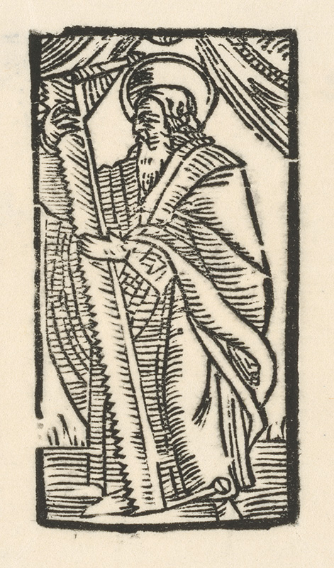 Moravský grafik z konca 16. storočia | Sv. Šimon | Displayed motifs: Halo, Clothing, Person, Human head, 