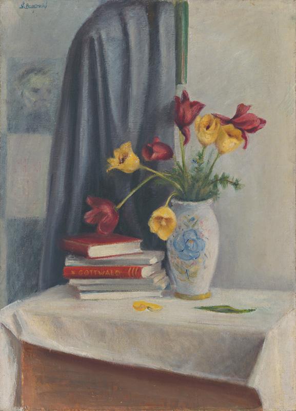Bazovský, Štefan | Tulipány | Displayed motifs: Flower, Vase, Coat of arms, Flowerpot, Curtain, Clothing, 