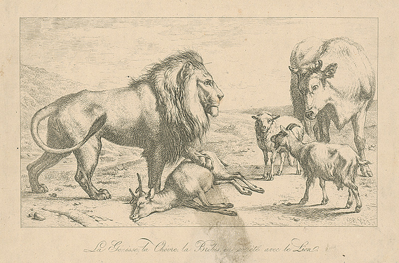 Francúzsky grafik E.J.V. z 19. storočia | Lev zabíjajúci srnu | Displayed motifs: Lion, Animal, Dog, Putto, Cattle, Goat, Bull, 