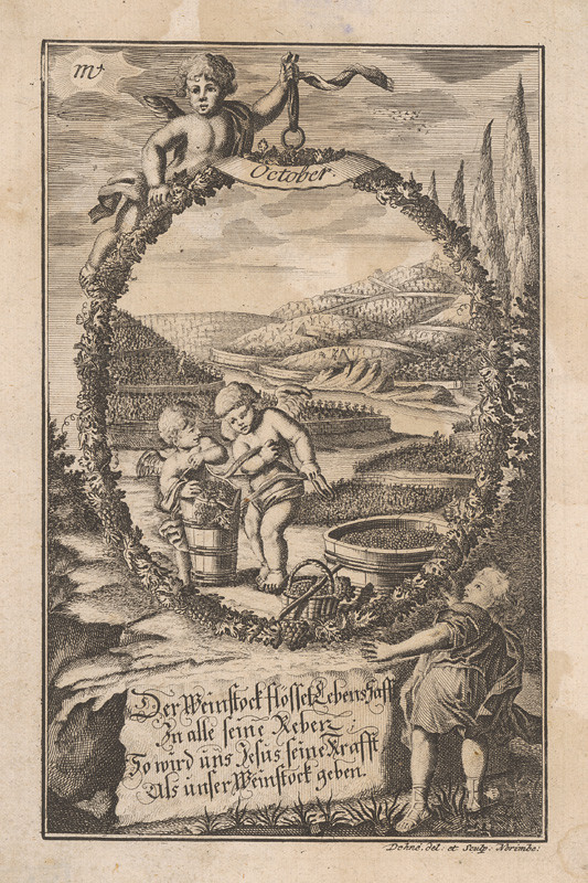 Dehne, Johann Christoph | Október | Displayed motifs: Putto, Person, Clothing, White dove, Man, Human face, Boy, 