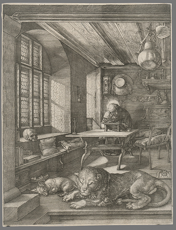 Dürer, Albrecht | Sv. Hieronym vo svojej pracovni | Displayed motifs: Halo, Cat, Window, Building, Carnivore, Latin cross, Man, 