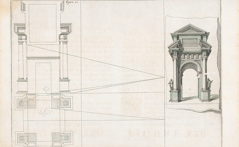 Pozzo, Andrea, Komarek, Giacomo Böemo | Fig.21. - Víťazný oblúk,kde sa vyrieši pochybnosť | Displayed motifs: Door, Tower, 