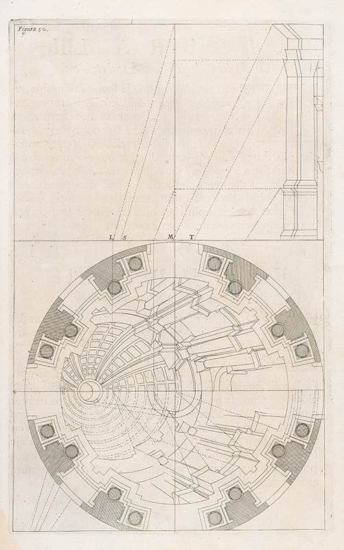 Pozzo, Andrea, Komarek, Giacomo Böemo | Fig.52. - Kupola budovy Collége Romain s uvedeným predpisom | Displayed motifs: Wall clock, Coat of arms, Clock, 