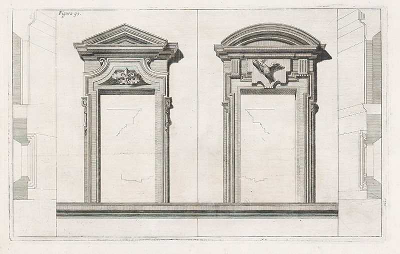 Pozzo, Andrea, Komarek, Giacomo Böemo | Fig.97. - Portály a okná | Displayed motifs: Door, Building, House, 