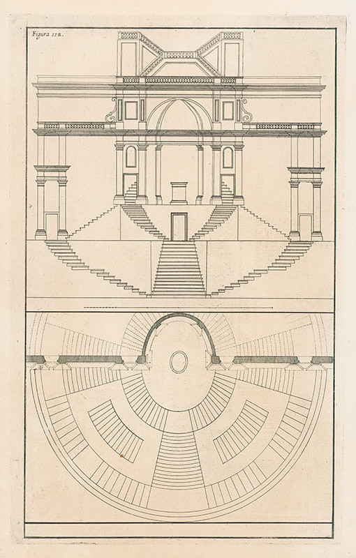 Pozzo, Andrea, Komarek, Giacomo Böemo | Fig.112. - Projekt schodov | Displayed motifs: Building, Wall clock, Coat of arms, Clock, 
