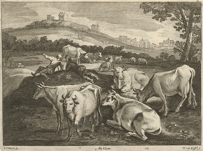 Kessel, Théodorus van, Teniers ml., David, Tintoretto, Jacopo | Pasenie dobytka v krajine  | Displayed motifs: Bull, Cattle, Angel, Tree, Man, Animal, Person, 