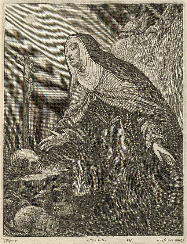 Bassano, Jacopo, Vorsterman ml., Lucas, Teniers ml., David | Svätica  | Displayed motifs: Veil, White dove, Human face, Bird, Clothing, Skull, Crucifixion, 