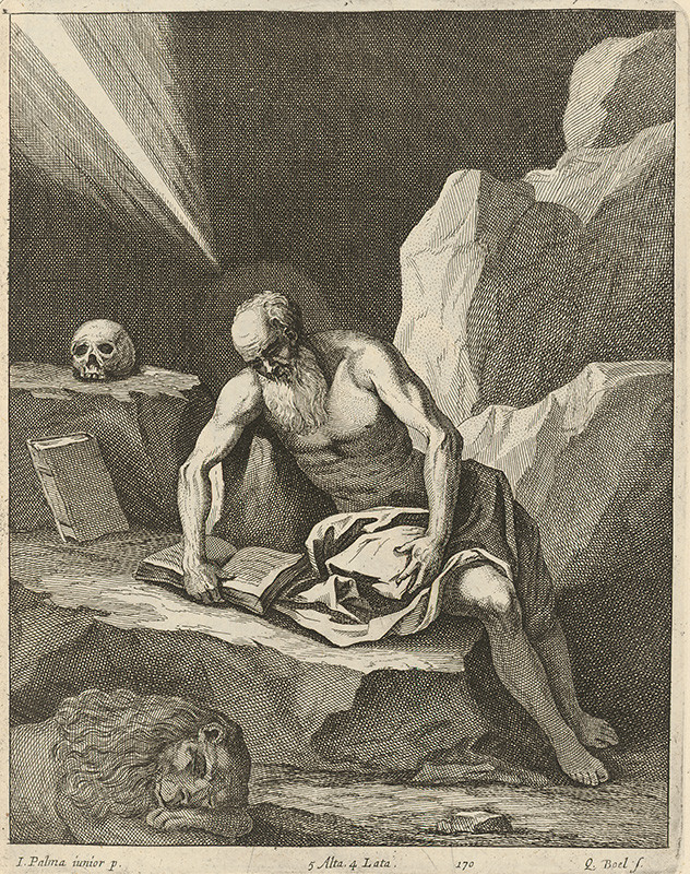 Palma, Jacopo, il giovane, Boel, Quirin, Teniers ml., David | Svätý Hieroným  | Displayed motifs: Halo, Man, Skull, Angel, Animal, Clothing, 