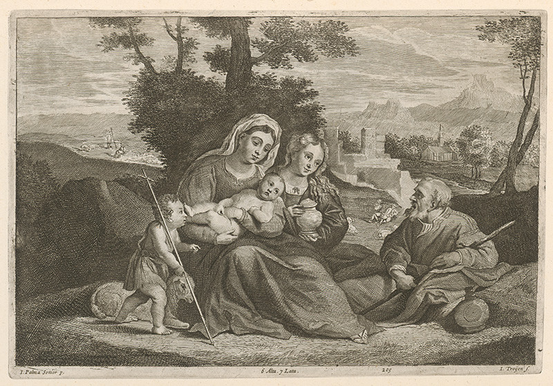 Palma, Jacopo, il vecchio, Troyen, Jan van, Teniers ml., David | Svätá rodina s malým Jánom Krstiteľom a Máriou Magadalénou   | Displayed motifs: Madonna, Man, Tree, Human face, Person, Clothing, Woman, 