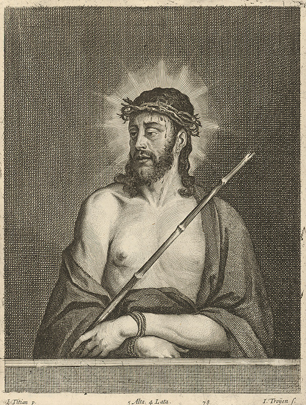 Titian, Troyen, Jan van, Teniers ml., David | Bolestný Kristus  | Displayed motifs: Halo, Man, Human face, Thorn crown, Clothing, 