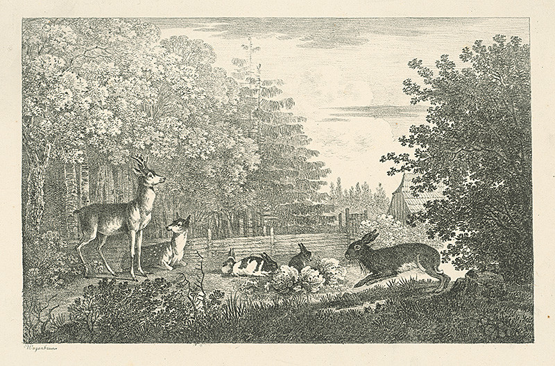 Wagenbauer, Max Josef | Srnec a zajace | Displayed motifs: Tree, Deer, Animal, Squirrel, Latin cross, 