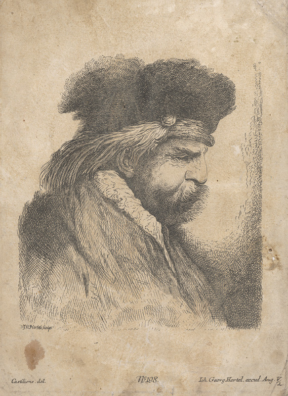 Hertel, Johann Georg, Castilione | Portrét muža podľa Rembrandta | Displayed motifs: Human face, Man, Human beard, Clothing, 