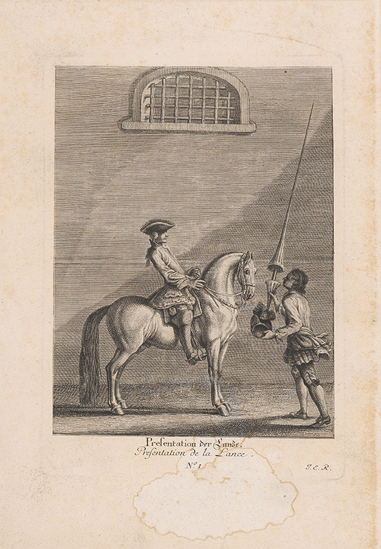 Ridinger, Johann Elias | Jazdecká španielska škola | Displayed motifs: Horse, Person, Man, Clothing, Animal, 