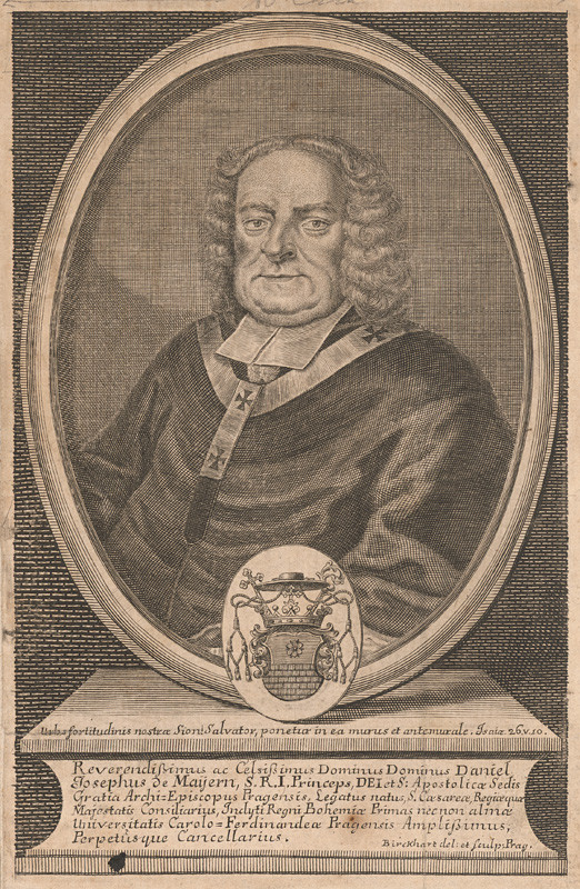 Birkhart, Anton | Podobizeň Daniela Jozefa Maierna | Displayed motifs: Coat of arms, Human face, Clothing, Skull, Man, Person, Halo, 