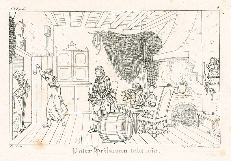 Schnorr von Carolsfeld, Ludwig Ferdinand | Peter Heilmann vstupuje do izby | Displayed motifs: Clothing, Chair, Barrel, Person, Coat of arms, Footwear, Human face, 