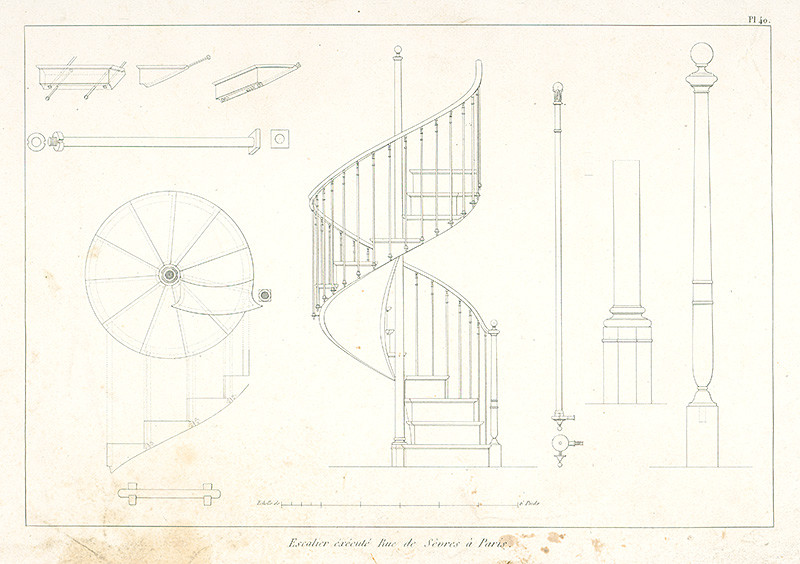 Normand, A., Neznámy autor | Schodisko v Rue De Sévres, Paríž | Displayed motifs: Wheel, Coat of arms, Ladder, 