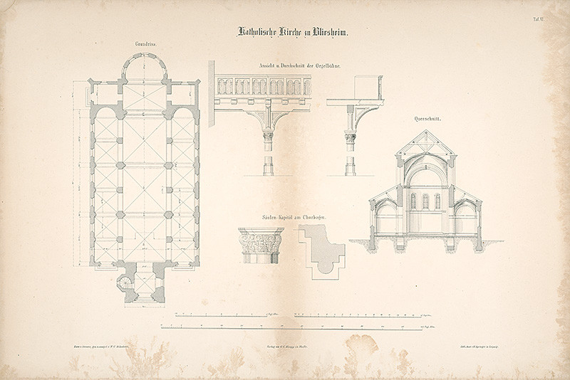 Springer, H., Cremer | Katolícky kostol v Blirsheime – pôdorys, návrhy na lavice, rez | Displayed motifs: Coat of arms, Latin cross, Building, House, Door, Plant, 