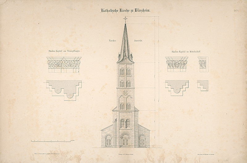 Springer, H., Cremer | Katolícky kostol v Blirsheime – veža, návrhy na hlavice | Displayed motifs: Tower, 