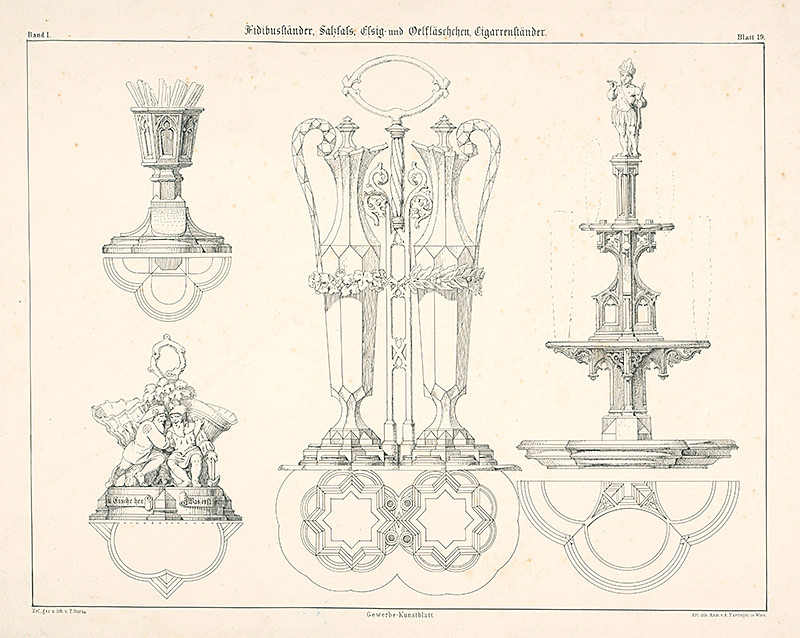 Storno, Franz | Návrhy na stolové nádoby (na olej, ocot atď.) | Displayed motifs: Coat of arms, Angel, Chair, Tower, Lamp, Furniture, 