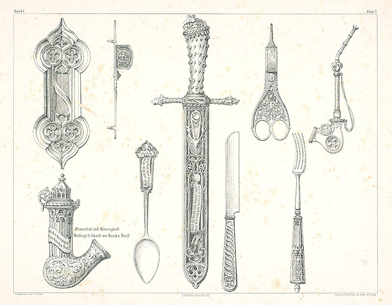 Storno, Franz | Návrhy na rôzne predmety (nože, fajku, nožnice, príbor) | Displayed motifs: Spoon, Coat of arms, Scissors, Tool, Sword, Dagger, 